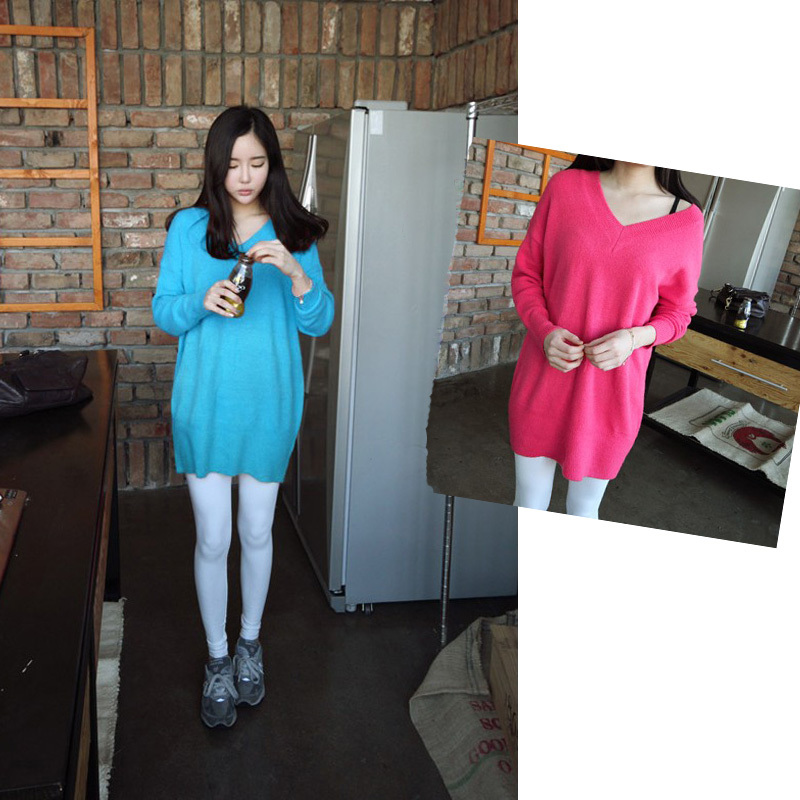 Free Shipping 1877 fashion autumn and winter solid color all-match V-neck slim sweater dress MY