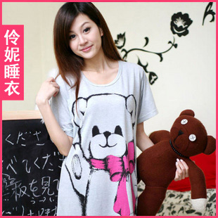 free shipping 19 summer women's sweet cartoon bear 100% cotton short-sleeve nightgown sleepwear lounge