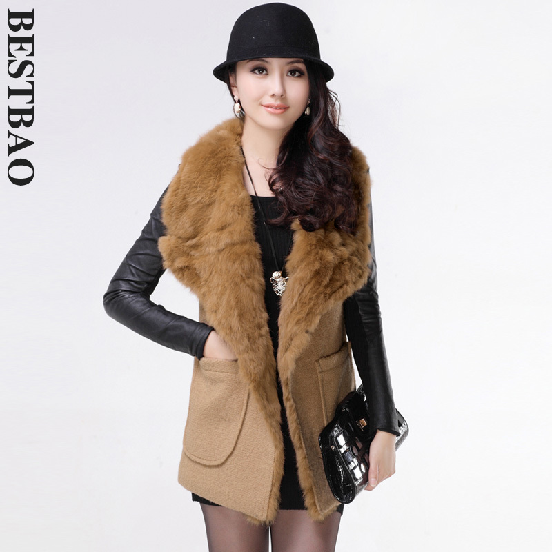 free shipping 1908 fashion large lapel woolen vest rex rabbit hair patchwork medium-long bestbao female