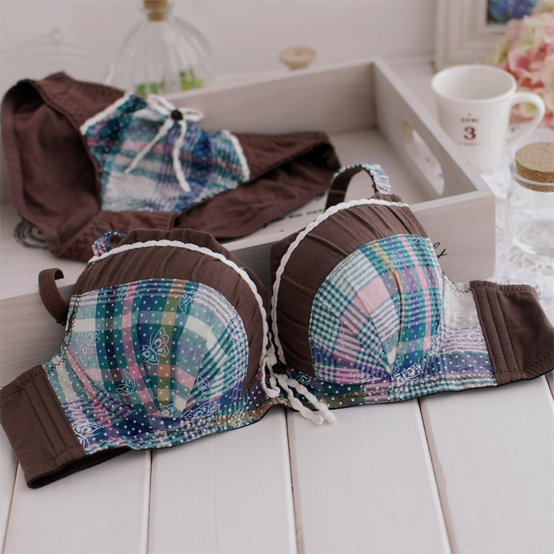 free shipping 1f coffee comfortable cotton cloth elegant female plaid bra set underwear set