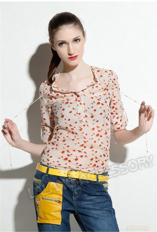 Free Shipping 1pcs Fashion Women Birds Print Chiffon T-Shirt Long Sleeve Casual Blouse Size M/L 651088