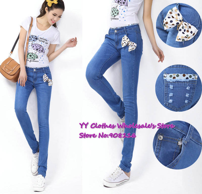 Free shipping,1pcs/lot,2013 Korean Women's Skinny bow Pencil Jeans Slim Fit Long lace decorated Pants Trousers,26-31,X2821