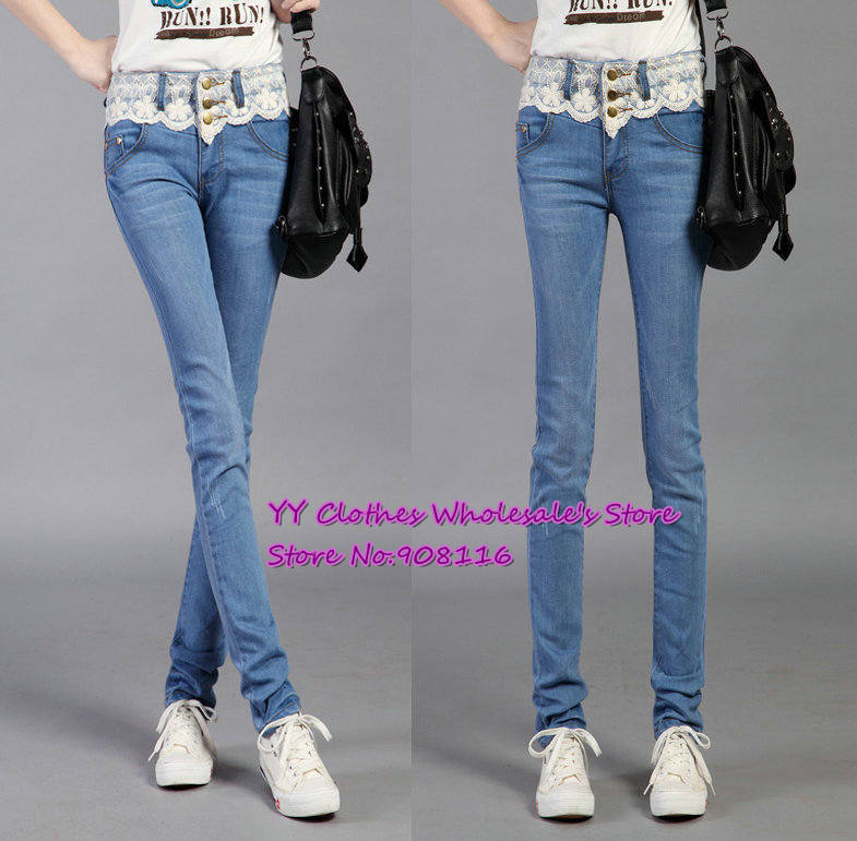 Free shipping,1pcs/lot,2013 Korean Women's Skinny lace waist 3 buttons Pencil Jeans Slim Fit Long Pants Trousers,26-31,X2822