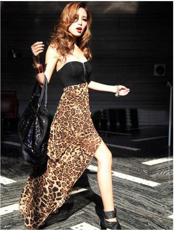 FREE SHIPPING )1PCS/LOT ) Dress sexy fashion cascading lotus leaf chiffon leopard dynamic Strapless dress / Women DT634