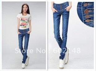 Free shipping 1pcs/lot High waist slim distrressed water wash skinny  single breasted  pencil pant