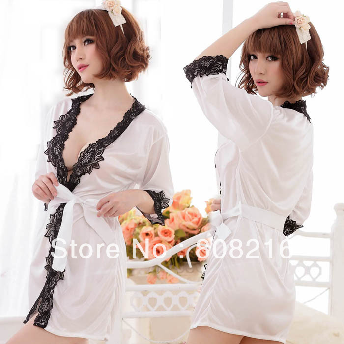 free shipping 1pcs/lot Hot-selling  sexy embroidered bathrobes lace decoration deep V-neck sleepwear open front lounge nightgown