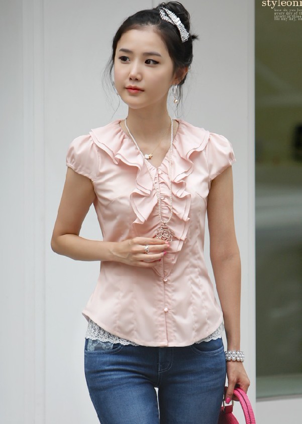 Free shipping,1pcs/lot,Korean Women new Hot lotus leaf collar short-sleeved slim shirts,top blouse,4colors,S,M,L,X2761