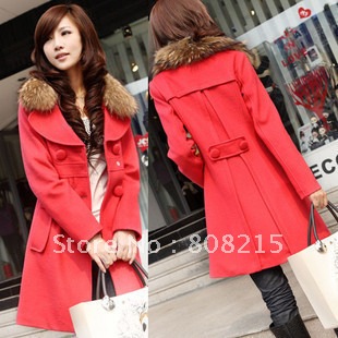 Free shipping 1pcs/lot  medium-long thickening woolen trench fur collar long-sleeve woolen coat