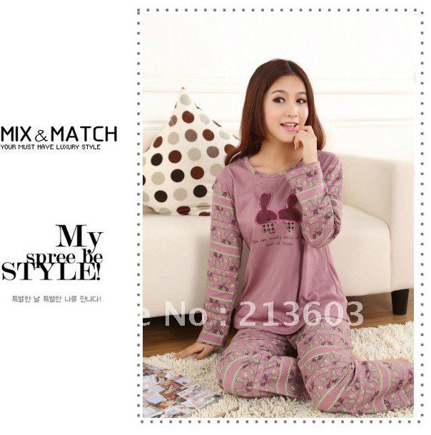 FREE SHIPPING 1set 2012sleepwear  cute women's spring and autumn casual knitted cotton long-sleeve set lounge,M48