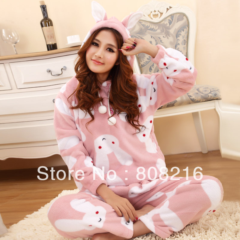 Free shipping 1set/lot Cartoon coral fleece sleepwear female winter long-sleeve at home service Pajama set