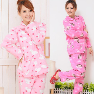 Free shipping 1set/lot cartoon lovers thickening polar fleece fabric women's long-sleeve sleepwear coral fleece at home service