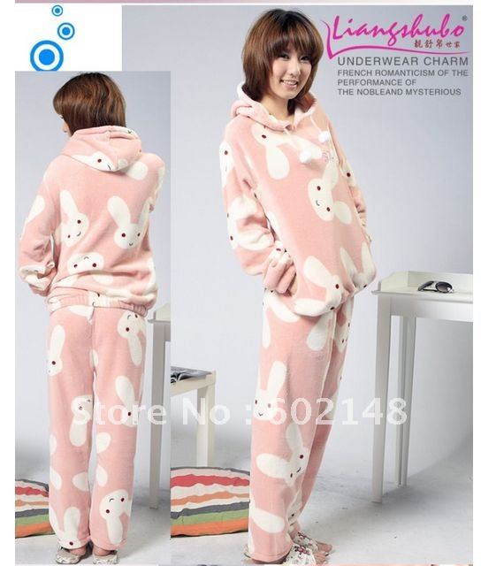 Free shipping 1set/lot  Winter hot-selling cartoon rabbit women's thickening coral  Pajamas