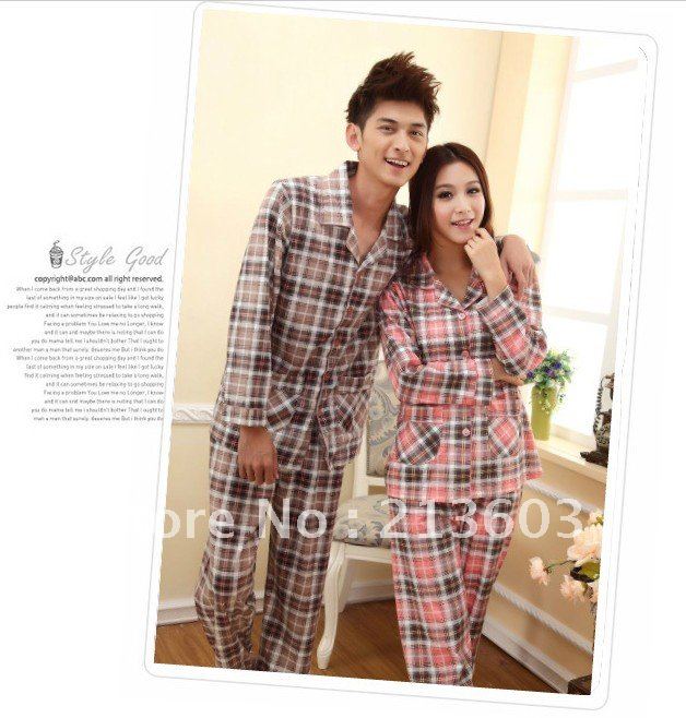 FREE SHIPPING 1set lovers plaid cute  homage cotton long-sleeve pajamas for male and women, M51,sleepwear