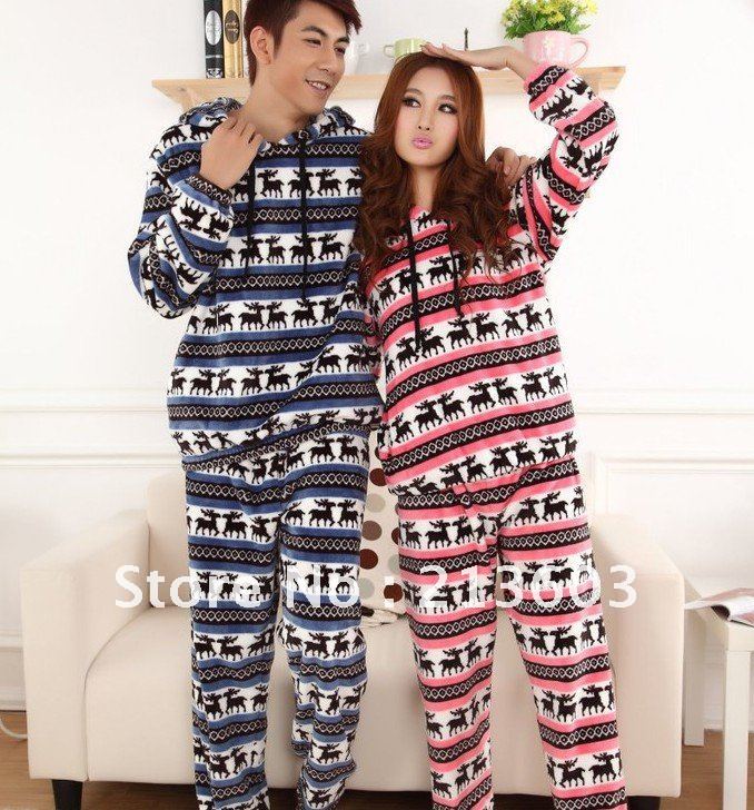 FREE SHIPPING 1set Men's Winter pajamas men and women of upset cute deer lovers coral fleece pajamas leisure wear