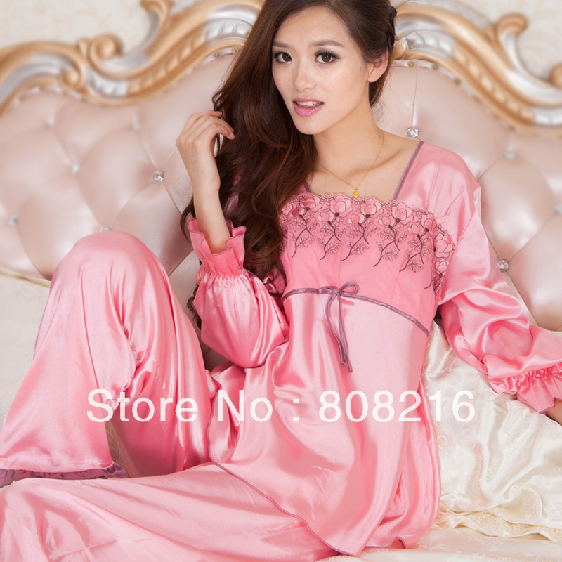 Free shipping 1set women's thin set female faux silk autumn lounge long-sleeve sleepwear  women pajama Set/underwear