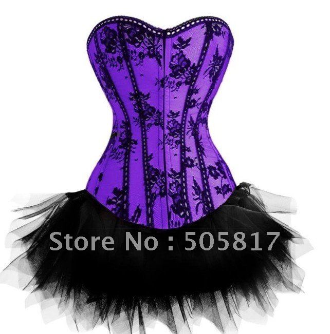 Free shipping  2 colors Fashion floral corset party costume+ black Mini TUTU Skirt Sexy lady bustier shaper silver purple QM014T