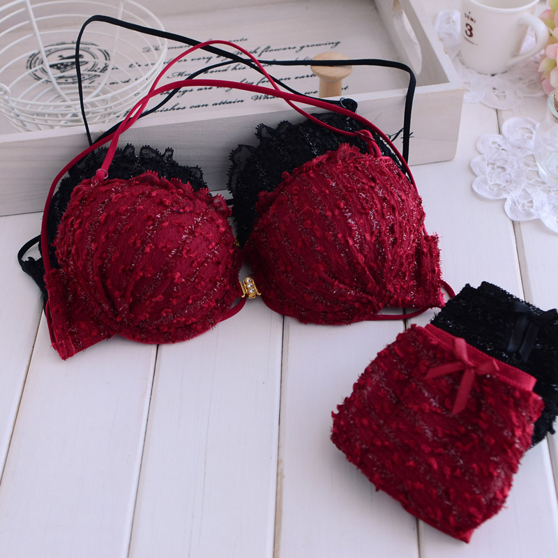 free shipping 2 front button sexy deep V-neck red lace bra set underwear