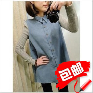 Free shipping 2 in 1 loose shirt puff jersey sleeve and block denim long-sleeve cute shirt