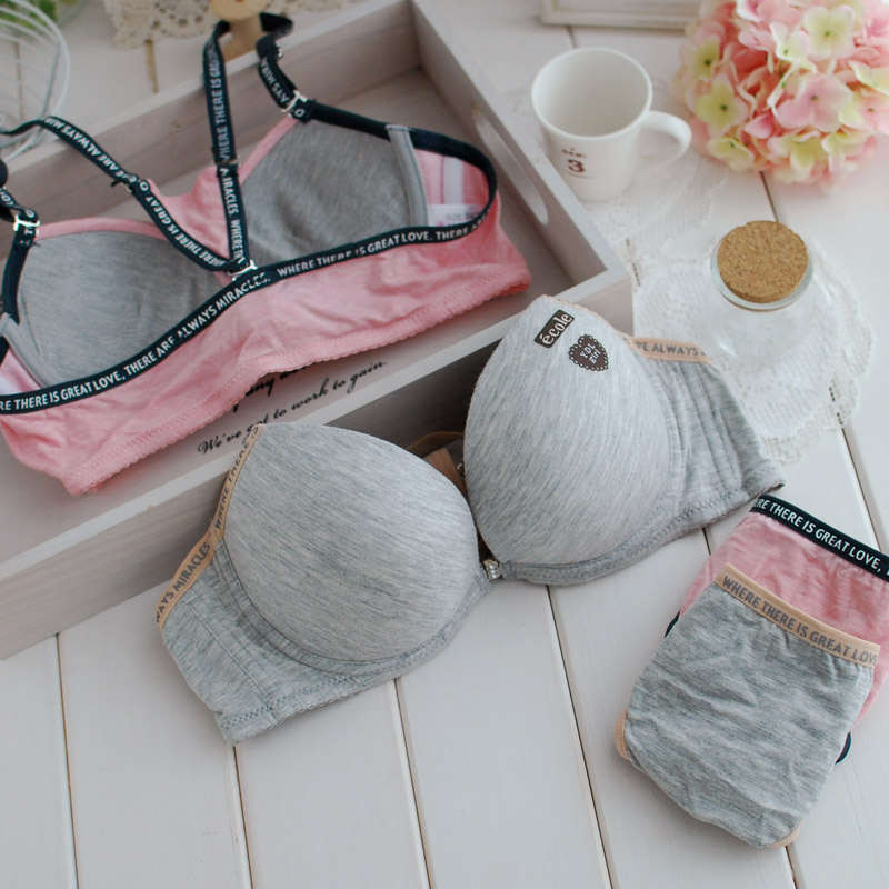 free shipping 2 tie front button comfortable bamboo charcoal 100% cotton bra underwear set