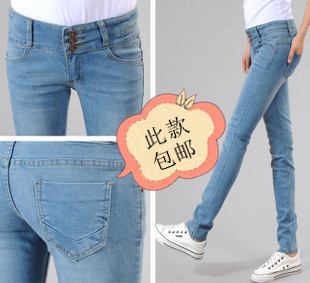 Free Shipping 2 tight slim breasted high waist jeans female skinny pants pencil pants casual pants