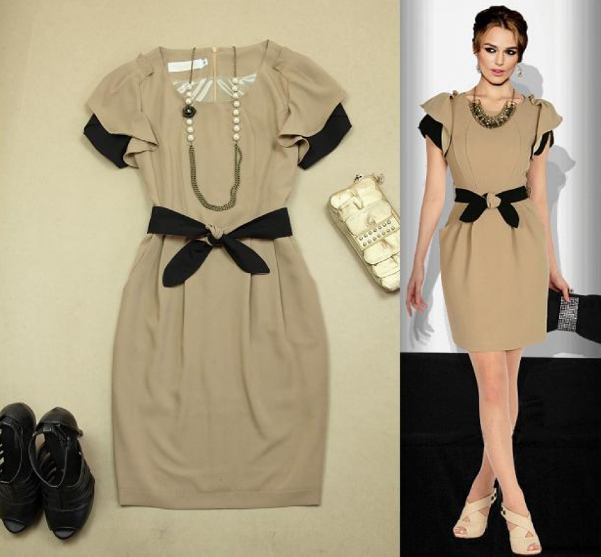 FREE SHIPPING 2 women's elegant mm slim khaki short-sleeve slim waist one-piece dress