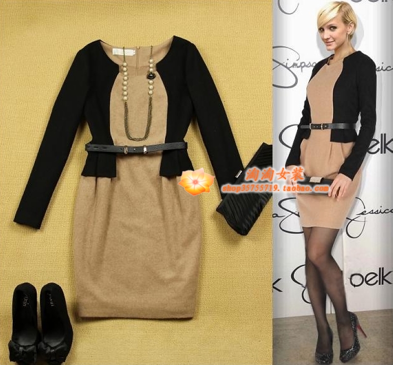 Free shipping 2 women's ol slim color block decoration belt woolen long-sleeve slim hip one-piece dress khaki and black