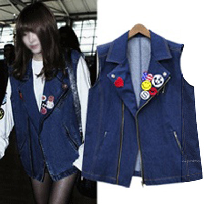 Free Shipping 20 13 spring personality handsome brooch denim vest LDX