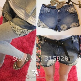 Free shipping 2011 new women's fashion Hole lace rivets jeans shorts 8307 shorts