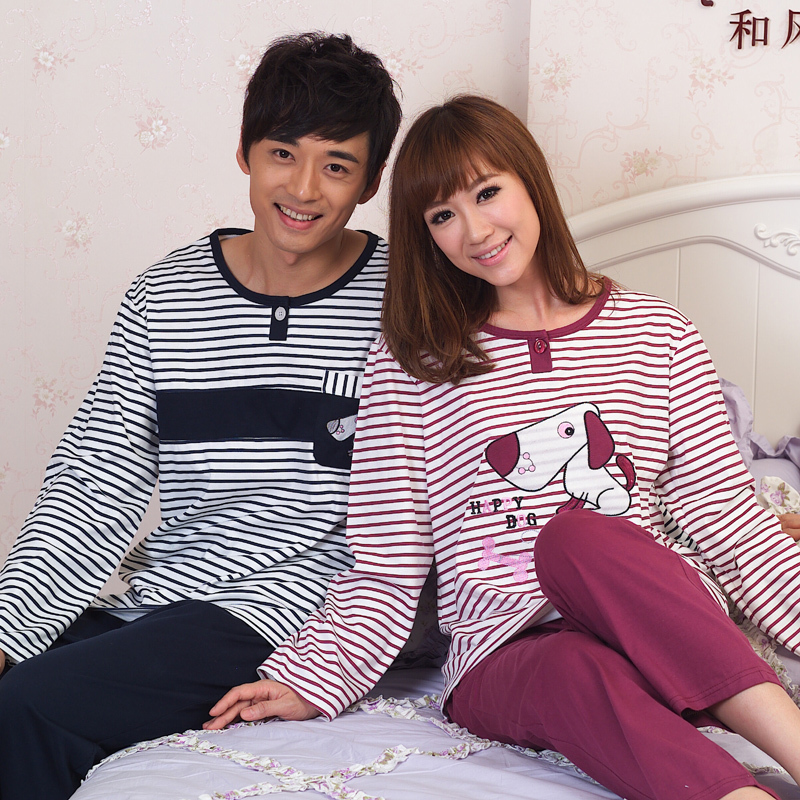 Free Shipping 2011 spring and autumn cartoon stripe lovers sleepwear long-sleeve knitted cotton lounge