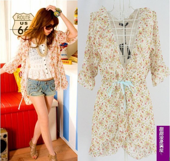 Free Shipping 2011 summer 376231 gentlewomen lacing laciness half sleeve chiffon cardigan coat high quality wholesale