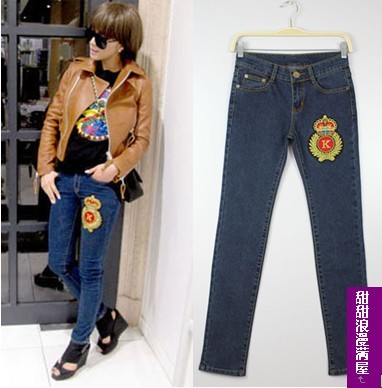 Free Shipping 2011 women's badge elastic denim skinny pants pencil pants trousers a9483