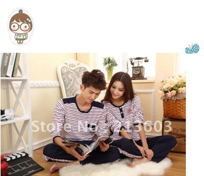 FREE SHIPPING 2012   100% cotton stripped  long-sleeve sleepwear set, high quality cotton pajamas for lovers, M43