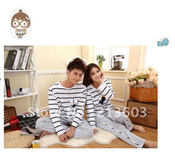 FREE SHIPPING 2012   100% cotton stripped o-neck  long-sleeve sleepwear set, high quality cotton pajamas for lovers, M45