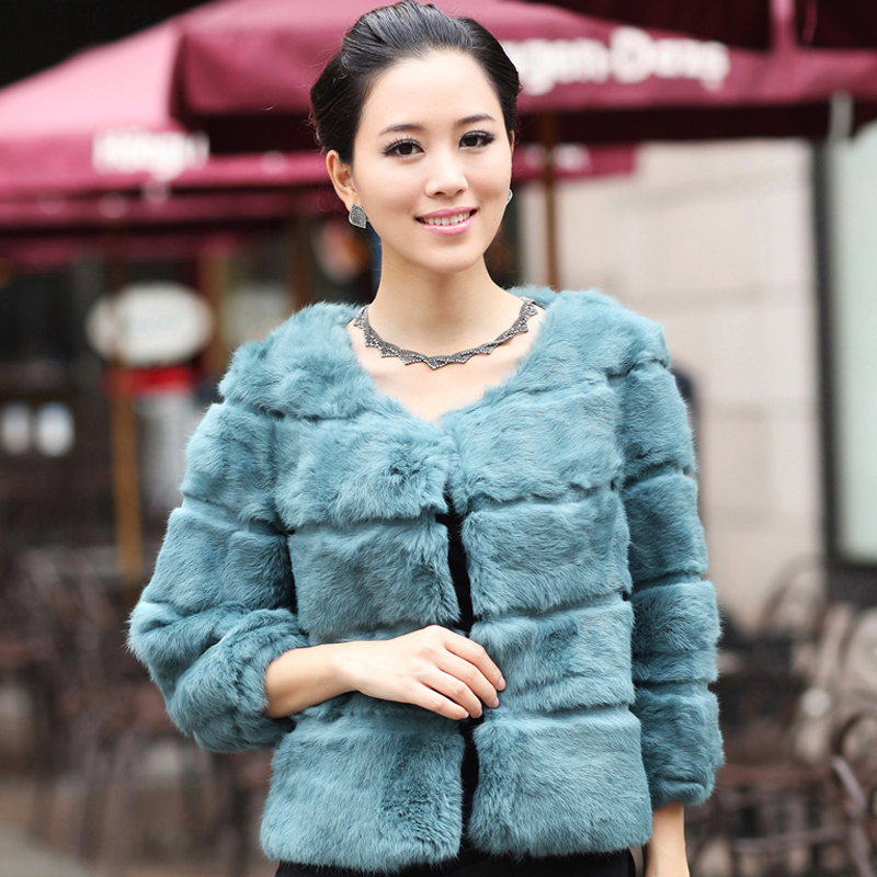 free shipping 2012 2012 short design three quarter sleeve full leather rabbit fur coat female o-neck fur coat