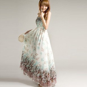 Free Shipping! 2012 AMIO bohemia leaves decorative pattern long design chiffon spaghetti strap one-piece dress female