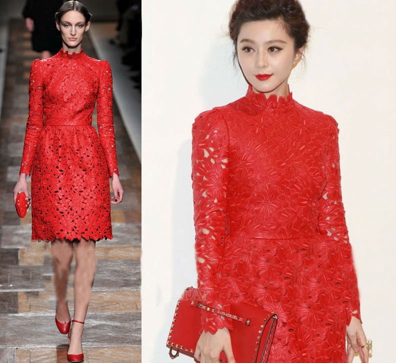 Free Shipping 2012 Autum/ Winter New Europe Celebrity Fashion PU leather Hollow Out Luxurious Red Dress SS12420