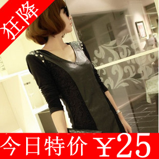 Free shipping 2012 autumn and winter dress sexy V-neck slim hip leather skirt beading long-sleeve dress