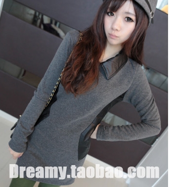 Free shipping, 2012 autumn and winter fashion leather turn-down collar slim thickening plus velvet basic one-piece dress