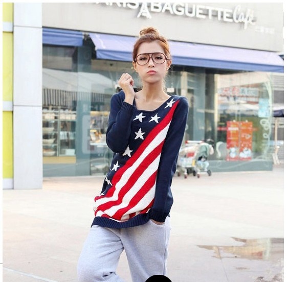 Free Shipping 2012 autumn and winter fashion stripe flag american flag pattern pullover sweater 3540 MY