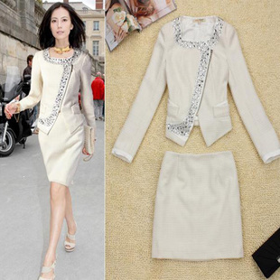 free shipping 2012 autumn and winter female set diamond beading short design set long-sleeve coat dress