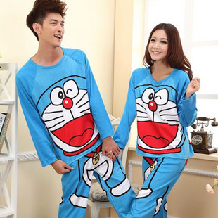 Free Shipping 2012 autumn and winter knitted 100% cotton one piece lounge cartoon long-sleeve men and women sleepwear lovers set