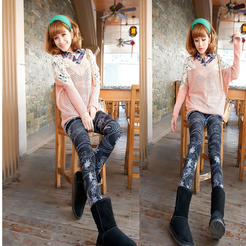 Free Shipping 2012 autumn and winter lines jacquard stockings double layer gradient bamboo charcoal fiber thermal legging