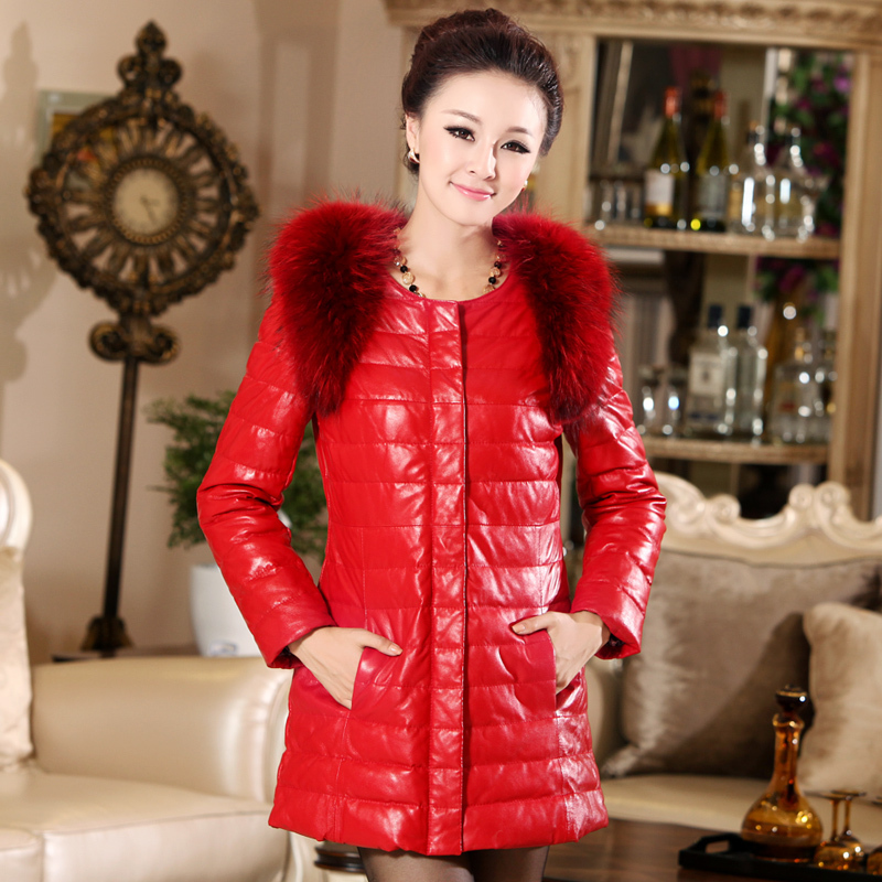 Free shipping 2012 autumn and winter medium-long leather clothing genuine leather sheepskin down coat women outerwear