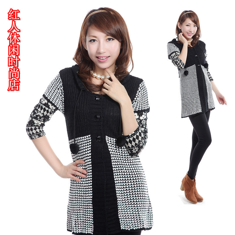 Free shipping 2012 autumn and winter new arrival women's fashion medium-long cap cardigan knitted sweater black women's