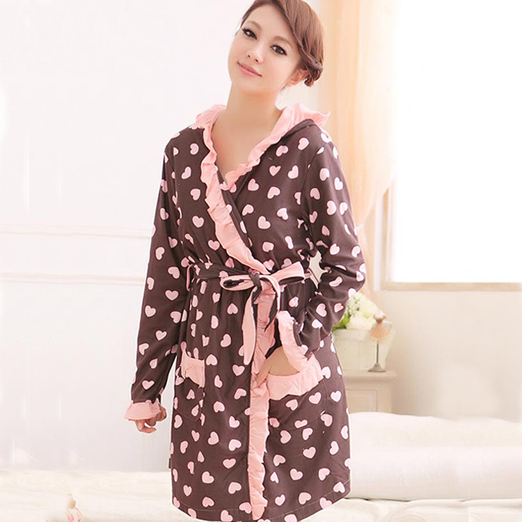 free shipping 2012 autumn and winter princess ruffle hooded heart print female robe velvet long-sleeve bathrobes lounge