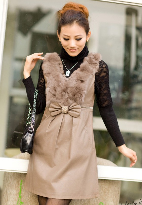 Free shipping!2012 autumn and winter rabbit fur tank PU water washed leather  dress