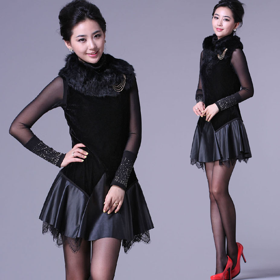 Free Shipping 2012 autumn and winter rabbit fur water wash leather patchwork lace tank dress one-piece dress