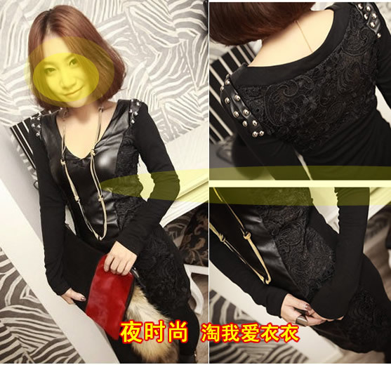 Free shipping 2012 autumn and winter sexy one-piece dress lace patchwork leather rivet long-sleeve fashion dress