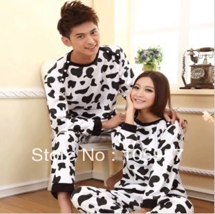 Free Shipping 2012 autumn and winter sleepwear long sleeve pants 100% cotton o-neck sleepwear cow lovers set Couple pajamas