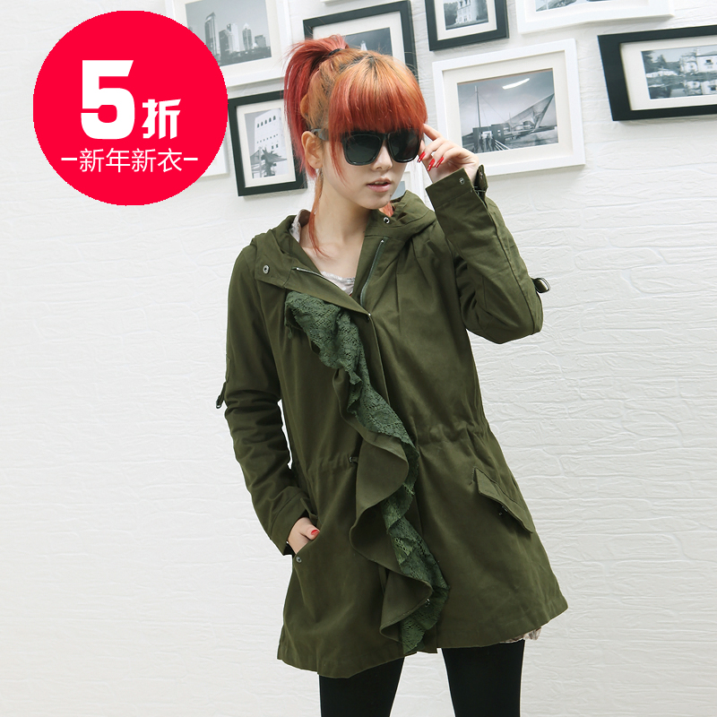 FREE SHIPPING 2012 autumn and winter spring casual print lining lace medium-long long-sleeve hooded women's trench ww1852